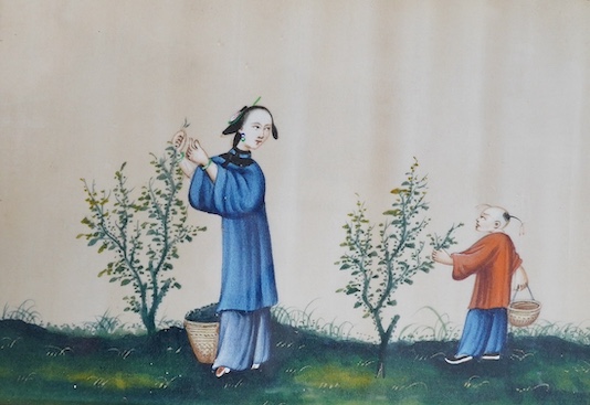 Chinese School, set of three pith paper paintings, Tradesmen and figures, 17 x 24cm. Condition - fair, some discolouration throughout